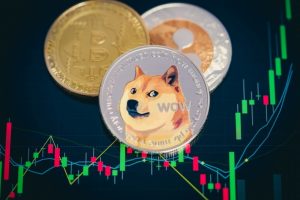 Representação física do dogecoin em cima de tela com gráficos