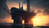 Plataforma de petróleo em alto-mar contra o pôr do sol.