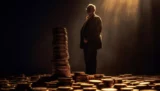 Imagem mostra empresario em pé e contra a luz em meio a pilhas de moedas.