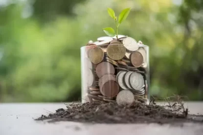 Imagem mostra volume de moedas transbordando de pote, com uma planta nascendo no meio delas.