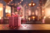 Caixa de presentes rosa em meio a um cenário cheio de corações