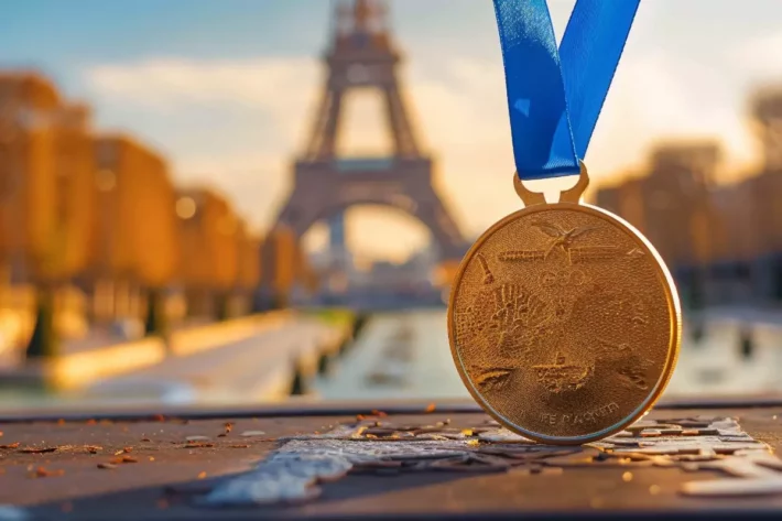 Foto mostra uma medalha de ouro das Olimpíadas; ao fundo a Torre Eiffel, símbolo da capital francesa, Paris.