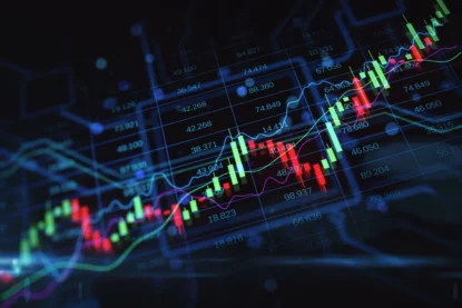 Imagem mostra gráfico do mercado financeiro sob fundo escuro.