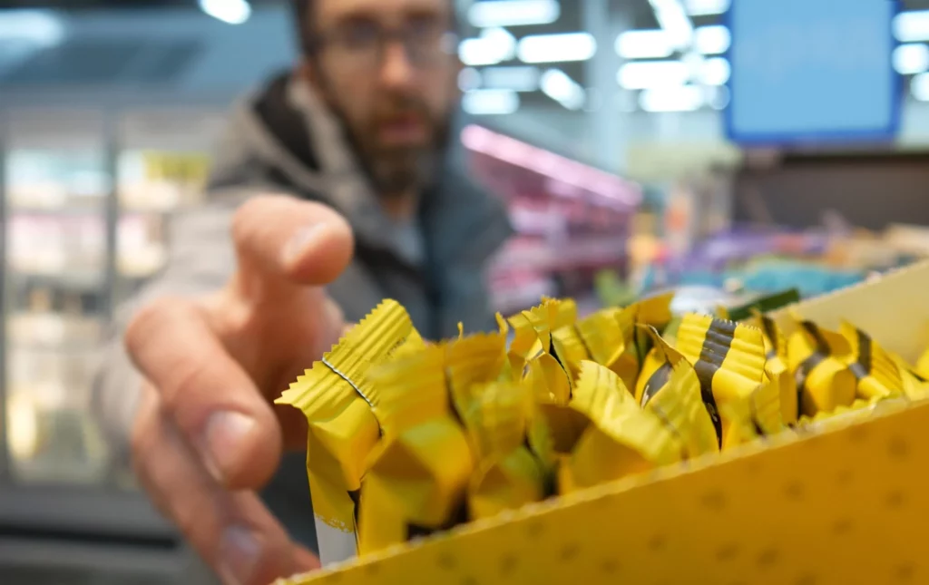 Close de barra de doces em uma loja de departamentos com um comprador homem alcançando a mão para pegar um.