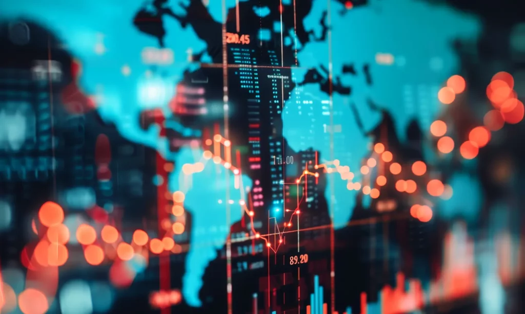 Imagem mostra painel com mapa mundi sobreposto a gráfico financeiro.