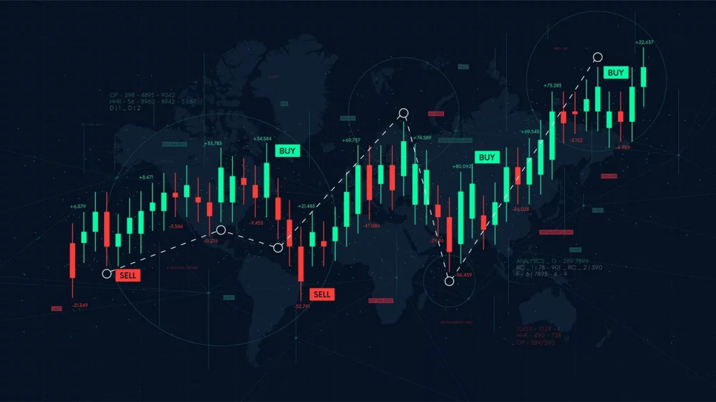 Gráfico financeiro em declínio com números em vermelho, simbolizando a aversão ao risco nos mercados internacionais.