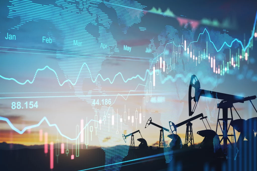 Gráficos financeiros mostrando alta no petróleo e no minério de ferro, simbolizando o impacto das commodities no mercado financeiro hoje.