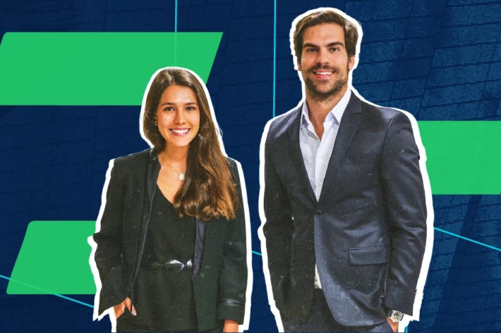 Jaqueline Maldonado, head de B2B, e Renato Breia, s&oacute;cio-fundador da Nord Investimentos e executivo respons&aacute;vel pela Nord Wealth. (Foto: Divulga&ccedil;&atilde;o/Nord/Arte de Victoria Fuoco)