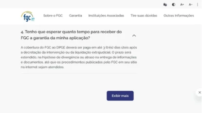 Site do FGC informa que pagamentos ocorrem em até 3 dias úteis (Foto: site oficial do Fundo Garantidor)
