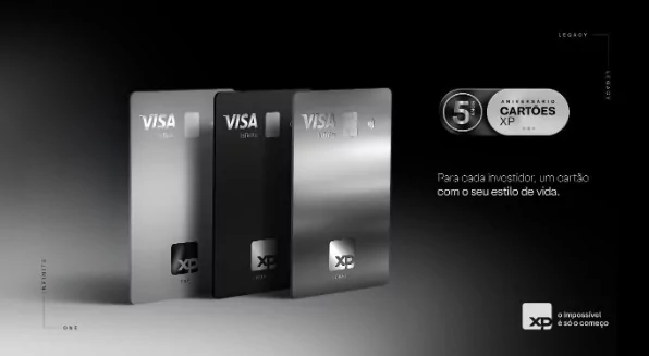 XP lan&ccedil;a campanha de 5 anos dos cart&otilde;es de cr&eacute;dito com benef&iacute;cios em viagens, pontos extras na Livelo, descontos e vantagens em marcas parceiras. (Divulga&ccedil;&atilde;o Xp) 