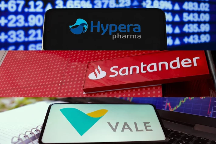 Balan&ccedil;os do 1T26 movimentam a Bolsa: Vale (VALE3) lidera quedas com press&atilde;o de custos, Santander (SANB11) recua com piora no cr&eacute;dito e Hypera (HYPE3) sobe com recupera&ccedil;&atilde;o. (Imagem: Edi&ccedil;&atilde;o a partir de Adobe Stock) 