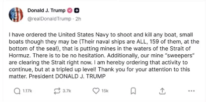 Trump ordena ataque a qualquer navio que passe por Ormuz (Fonte: Truth Social)